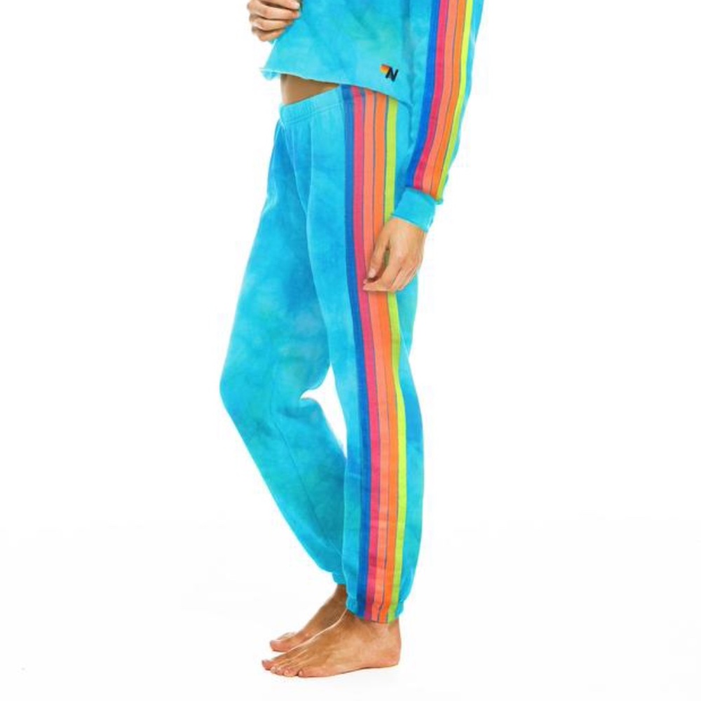 Aviator Nation - Hand Dyed 5 Stripe Women's Sweatpant in Tie Dye Neon Blue